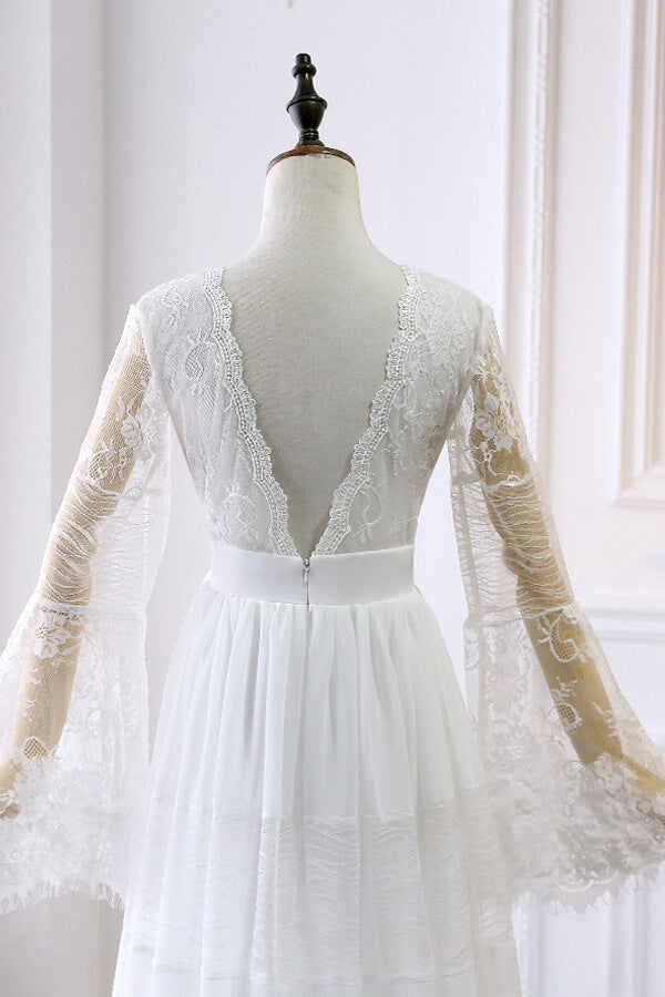 Long A-line V-neck Lace Tulle Wedding Dress with Sleeves-27Dress