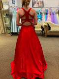 Long A Line V Neck Satin Backless Prom Dresses with Pockets Red Formal Graduation Evening Dresses-27Dress