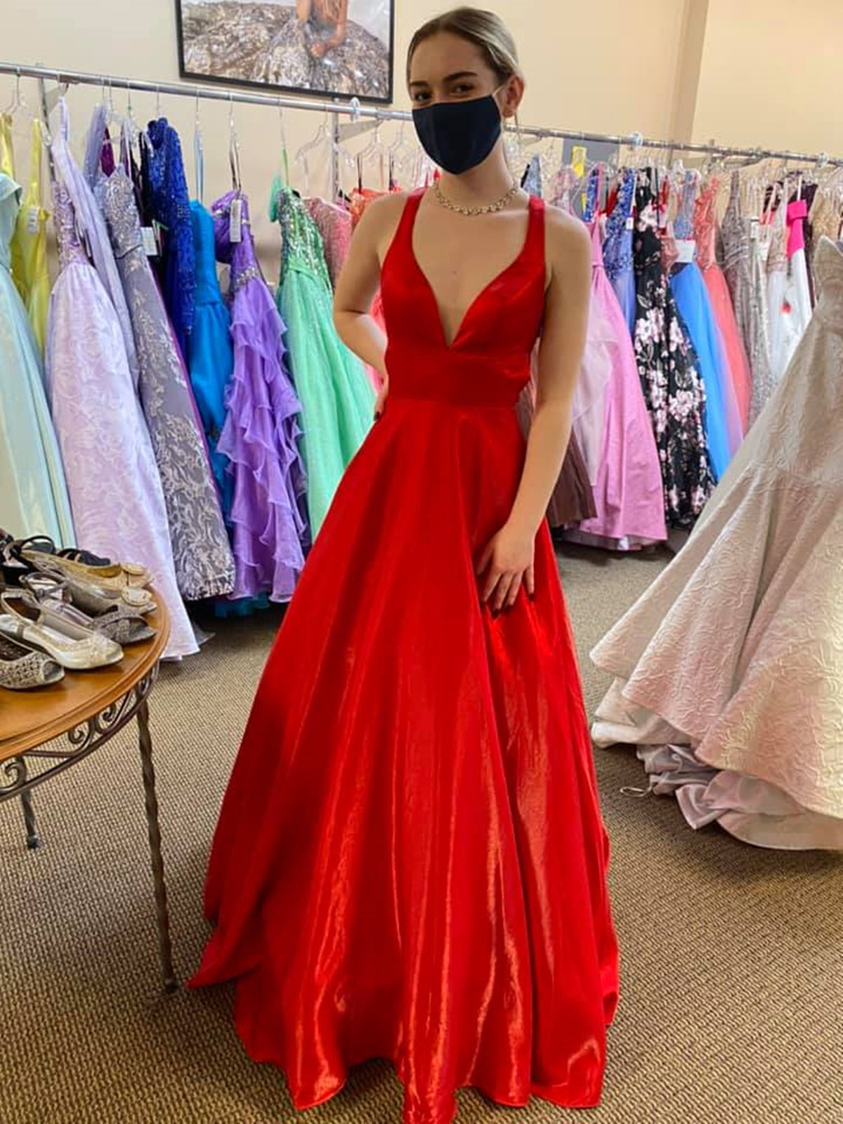 Long A Line V Neck Satin Backless Prom Dresses with Pockets Red Formal Graduation Evening Dresses-27Dress