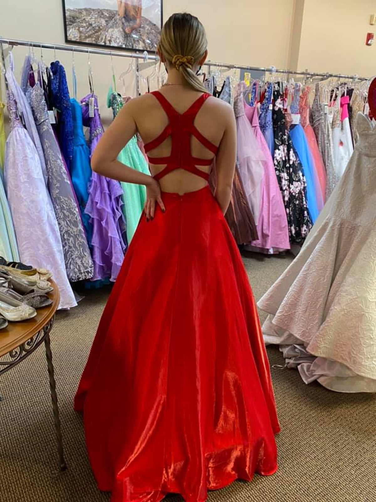 Long A Line V Neck Satin Backless Prom Dresses with Pockets Red Formal Graduation Evening Dresses-27Dress