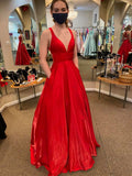 Long A Line V Neck Satin Backless Prom Dresses with Pockets Red Formal Graduation Evening Dresses-27Dress