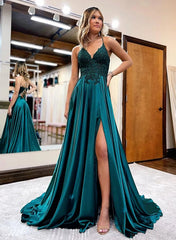 Long A Line V-neck Satin Split Front Spaghetti Prom Dresses With Pockets-27dress