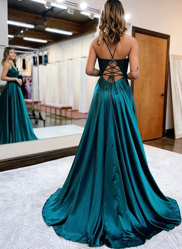 Long A Line V-neck Satin Split Front Spaghetti Prom Dresses With Pockets-27dress