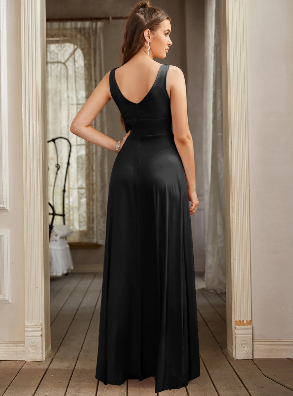 Long A-line V-Neck Sleeveless Floor Length Formal Dress with Slit-27dress