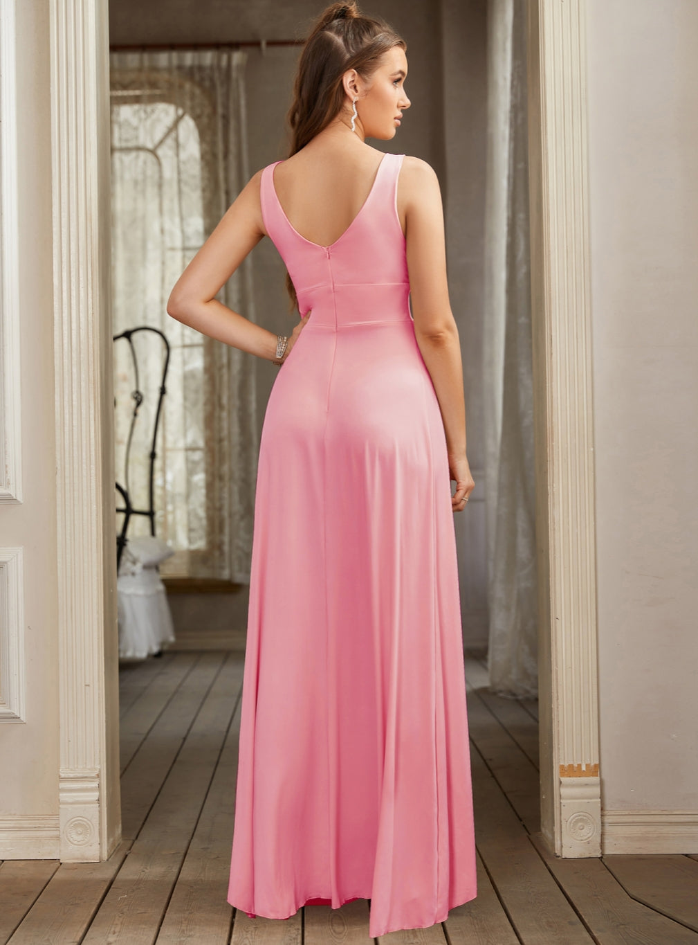 Long A-line V-Neck Sleeveless Floor Length Formal Dress with Slit-27dress