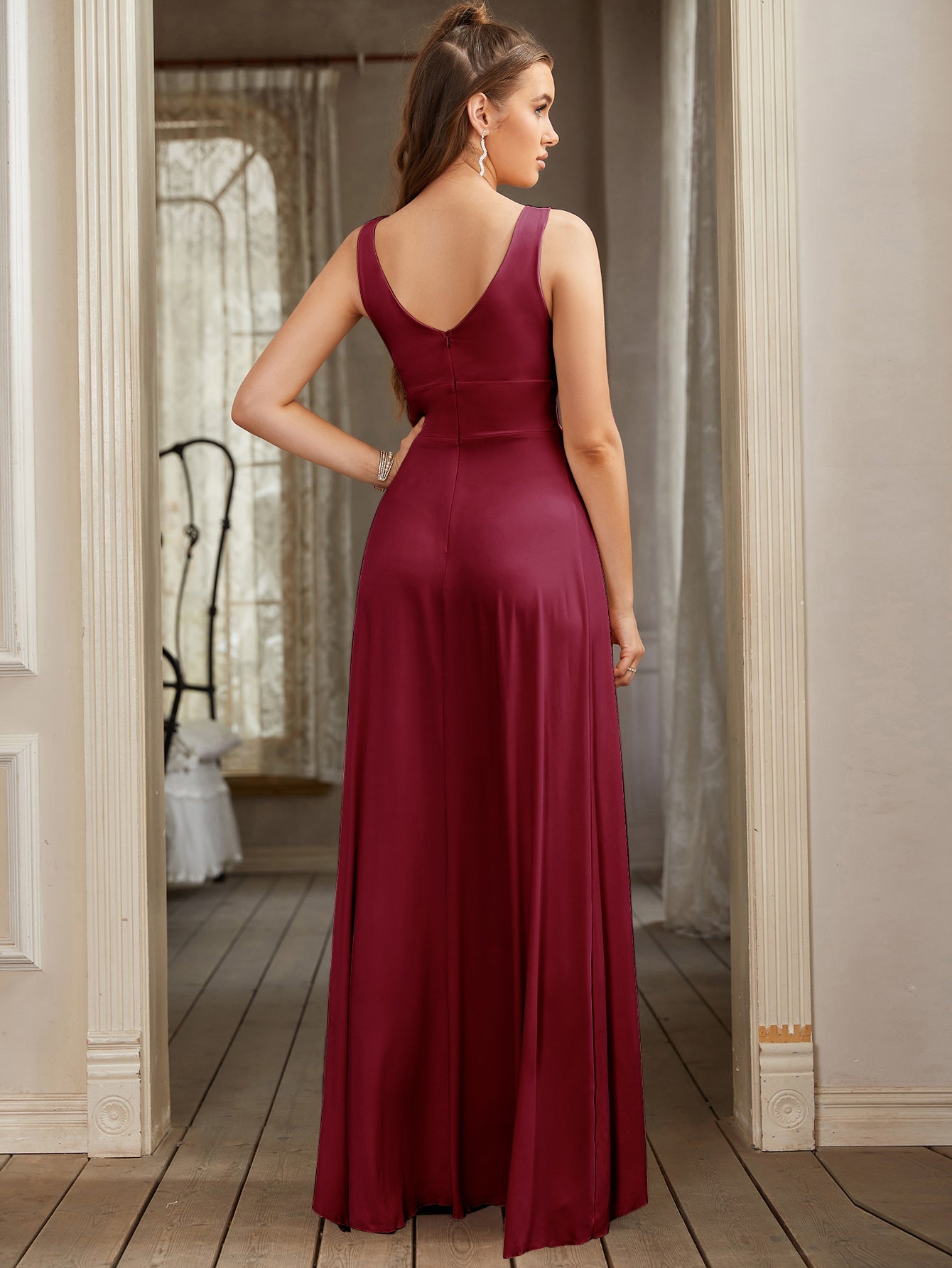 Long A-line V-Neck Sleeveless Floor Length Formal Dress with Slit-27dress