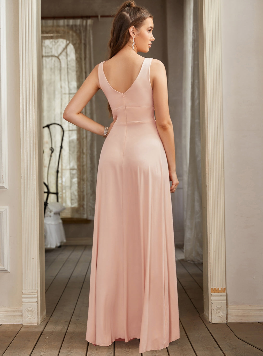 Long A-line V-Neck Sleeveless Floor Length Formal Dress with Slit-27dress