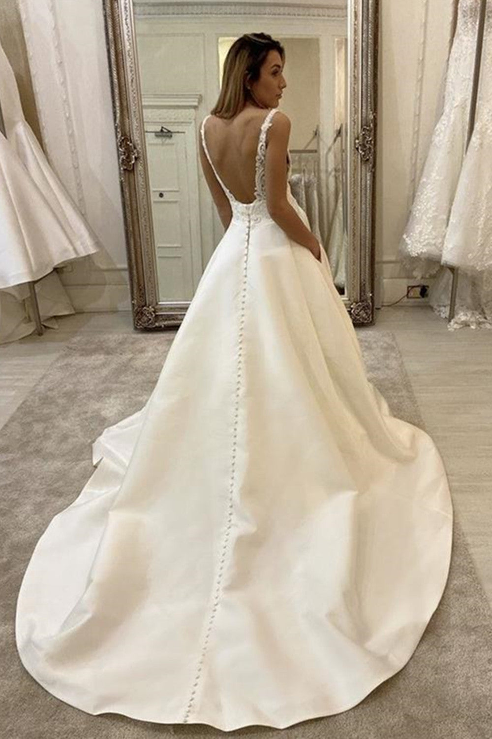 Long A-Line V-neck Spaghetti Straps Backless Wedding Dress With Pockets-27Dress