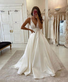 Long A-Line V-neck Spaghetti Straps Backless Wedding Dress With Pockets-27Dress