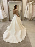 Long A-Line V-neck Spaghetti Straps Backless Wedding Dress With Pockets-27Dress