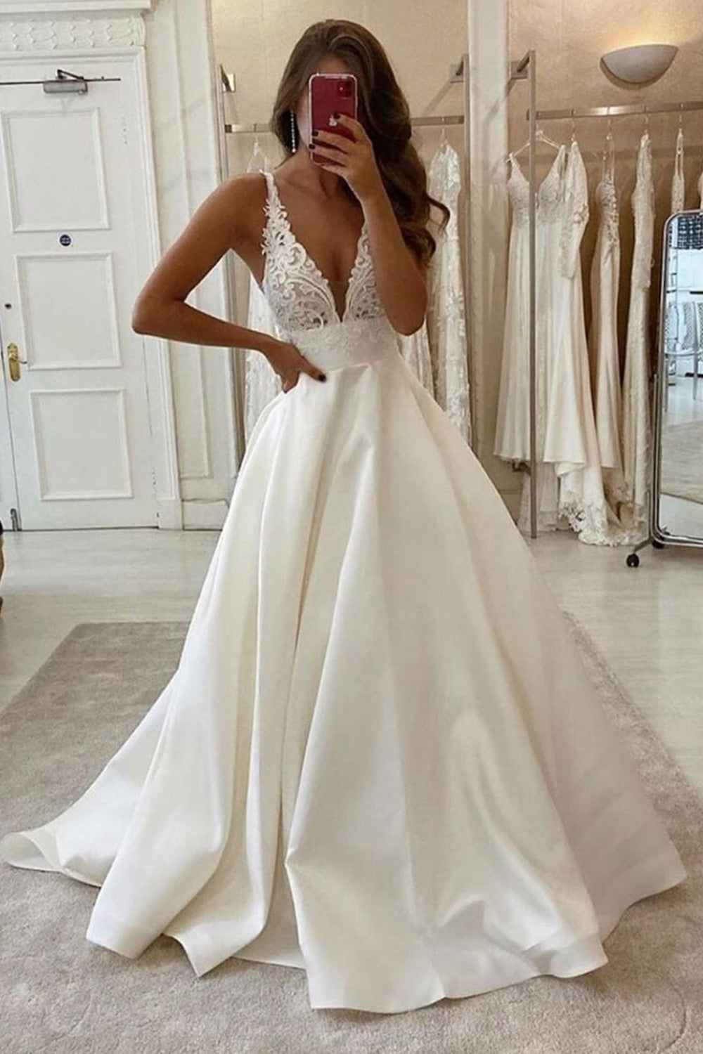 Long A-Line V-neck Spaghetti Straps Backless Wedding Dress With Pockets-27Dress