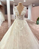 Long A-Line V-neck Wide Straps Appliques Lace Tulle Wedding Dress-27Dress