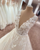 Long A-Line V-neck Wide Straps Appliques Lace Tulle Wedding Dress-27Dress