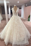 Long A-Line V-neck Wide Straps Appliques Lace Tulle Wedding Dress-27Dress