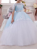 Long Ball Gown Jewel Neck Tulle Lace Pageant Flower Girl Dresses with Sleeves-27dress