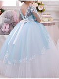 Long Ball Gown Jewel Neck Tulle Lace Pageant Flower Girl Dresses with Sleeves-27dress