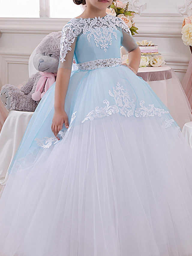 Long Ball Gown Jewel Neck Tulle Lace Pageant Flower Girl Dresses with Sleeves-27dress