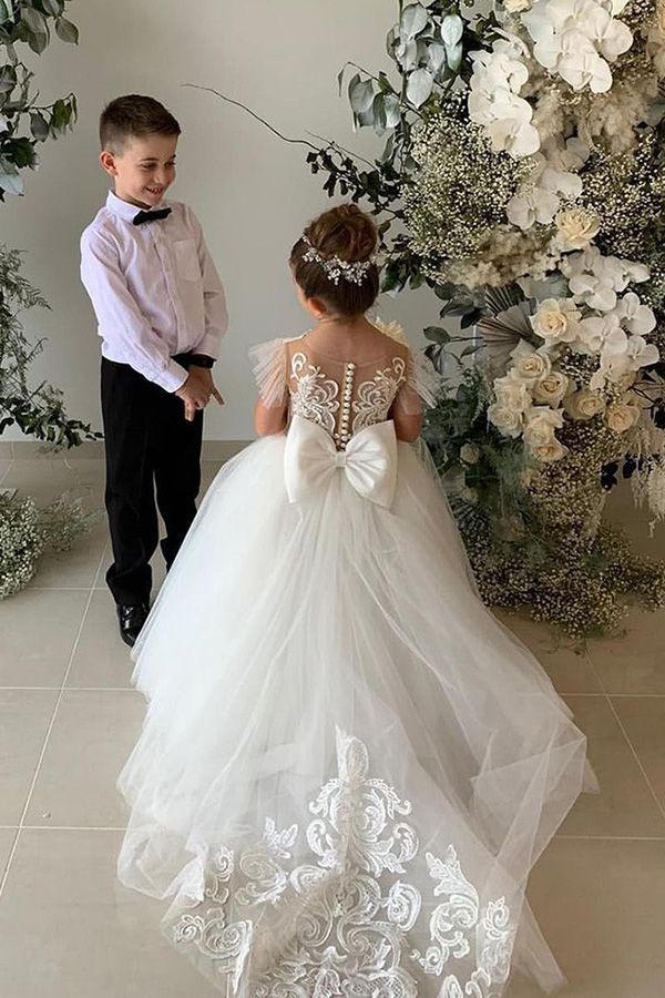 Long Ball Gown Lace Appliques Tulle Flower Girl Dresses-27dress