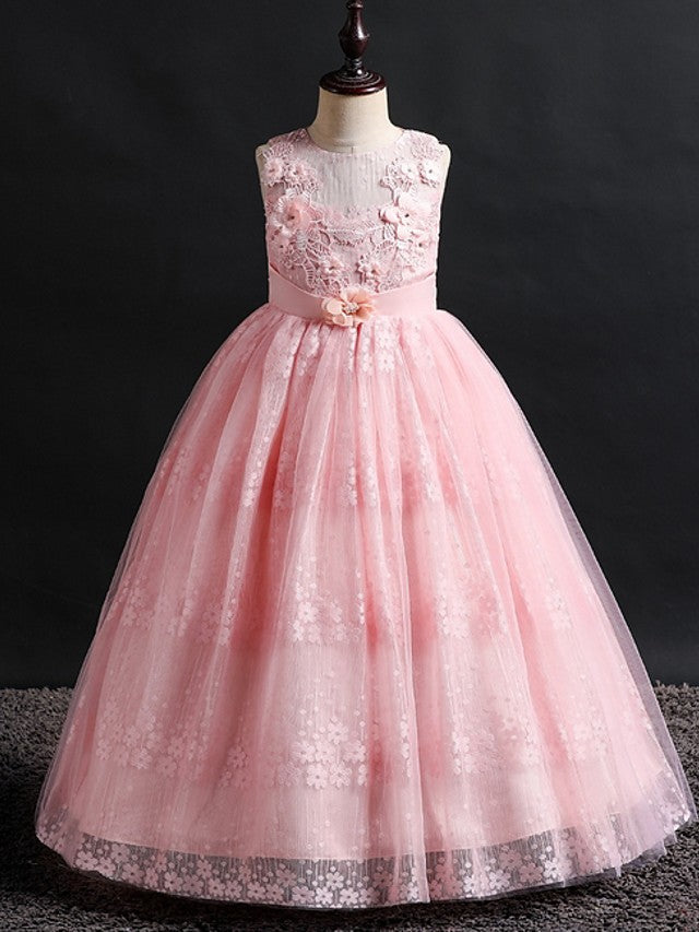 Long Ball Gown Lace Tulle Jewel Neck Wedding Party Flower Girl Dresses-27dress