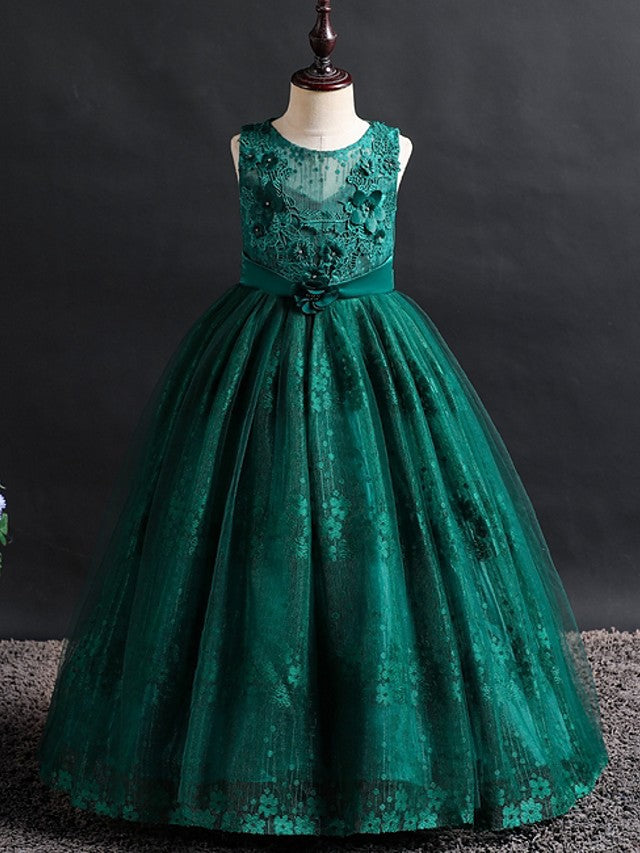 Long Ball Gown Lace Tulle Jewel Neck Wedding Party Flower Girl Dresses-27dress