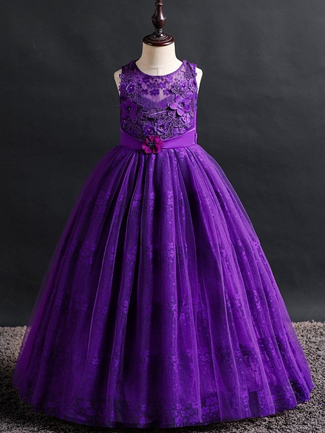 Long Ball Gown Lace Tulle Jewel Neck Wedding Party Flower Girl Dresses-27dress