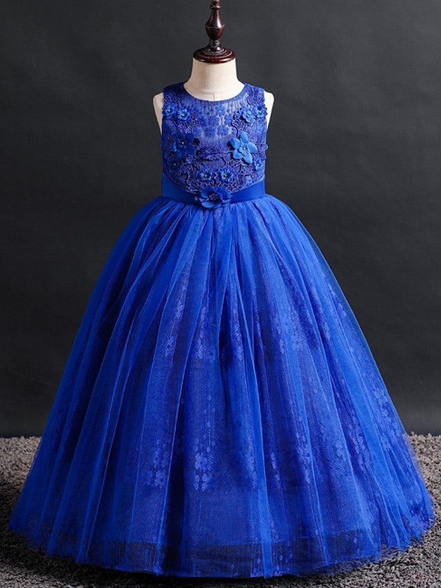 Long Ball Gown Lace Tulle Jewel Neck Wedding Party Flower Girl Dresses-27dress