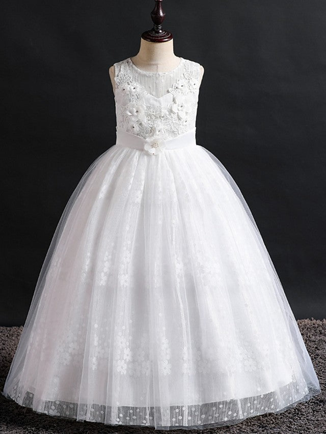 Long Ball Gown Lace Tulle Jewel Neck Wedding Party Flower Girl Dresses-27dress