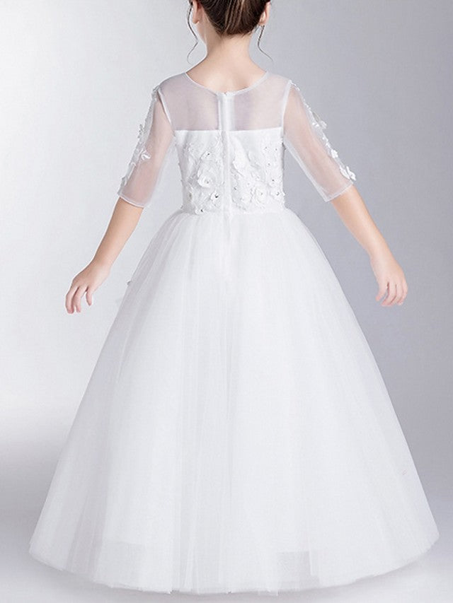 Long Ball Gown Polyester Jewel Neck First Communion Flower Girl Dresses with Sleeves-27dress