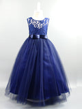 Long Ball Gown Satin Jewel Neck Wedding First Communion Pageant Flower Girl Dresses-27dress