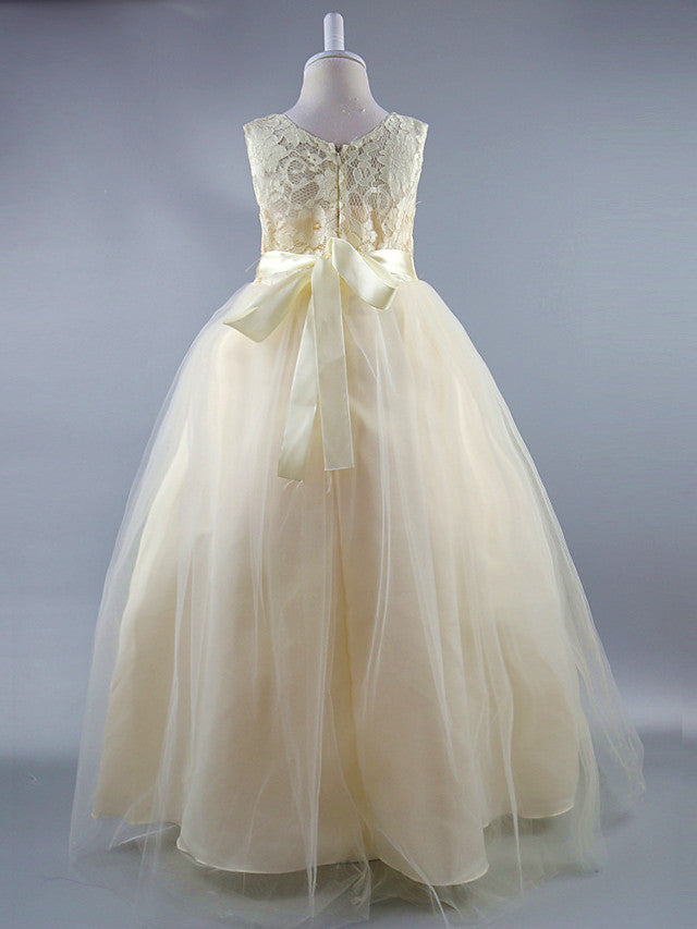 Long Ball Gown Satin Jewel Neck Wedding First Communion Pageant Flower Girl Dresses-27dress