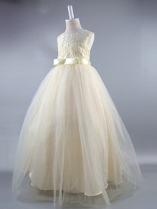 Long Ball Gown Satin Jewel Neck Wedding First Communion Pageant Flower Girl Dresses-27dress