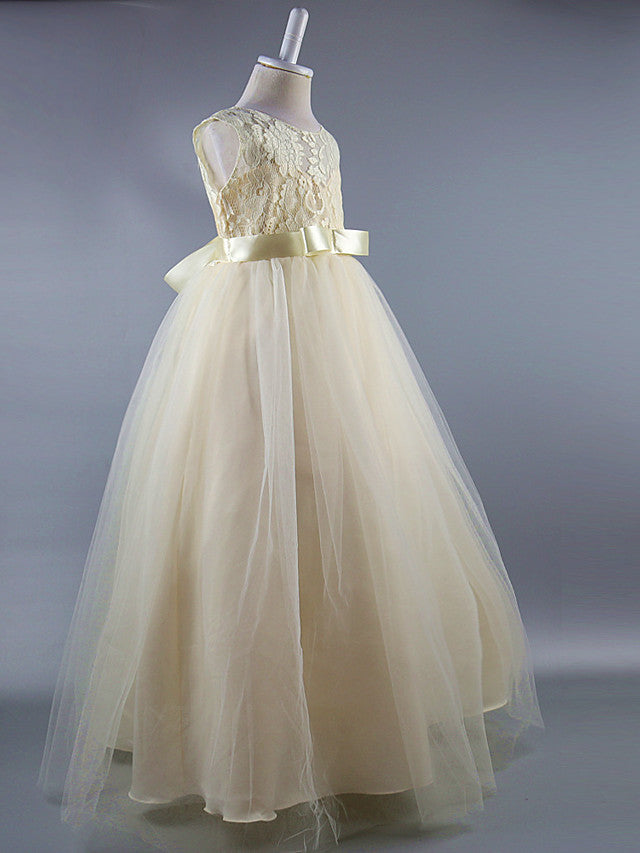 Long Ball Gown Satin Jewel Neck Wedding First Communion Pageant Flower Girl Dresses-27dress