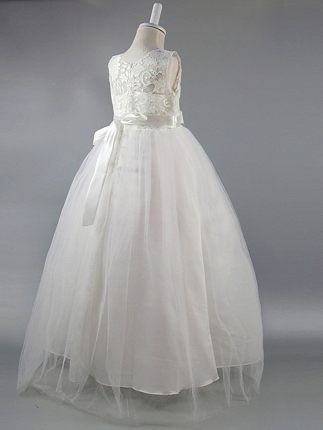 Long Ball Gown Satin Jewel Neck Wedding First Communion Pageant Flower Girl Dresses-27dress