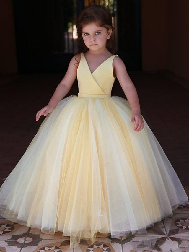 Long Ball Gown Satin Tulle Sleeveless V Neck Wedding Party Flower Girl Dresses-27dress