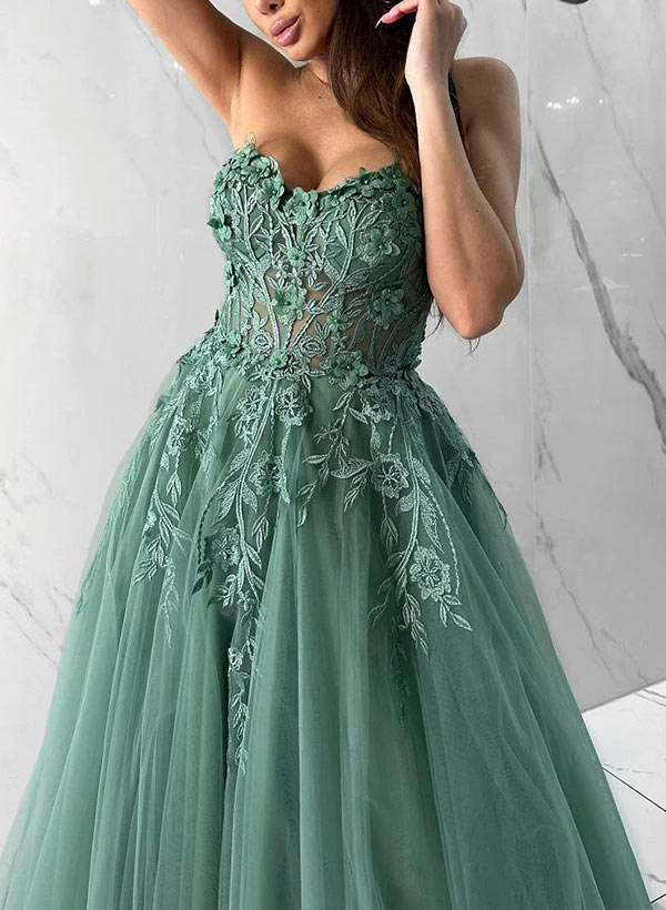 Long Ball Gown Sweetheart Tulle Formal Prom Dress with Appliques Lace-27dress