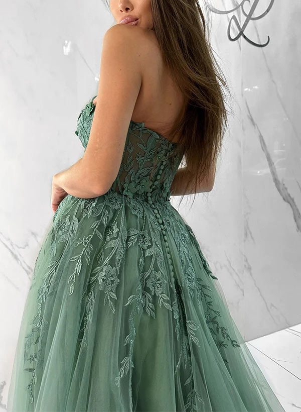 Long Ball Gown Sweetheart Tulle Formal Prom Dress with Appliques Lace-27dress