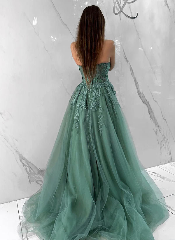 Long Ball Gown Sweetheart Tulle Formal Prom Dress with Appliques Lace-27dress