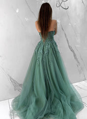 Long Ball Gown Sweetheart Tulle Formal Prom Dress with Appliques Lace-27dress