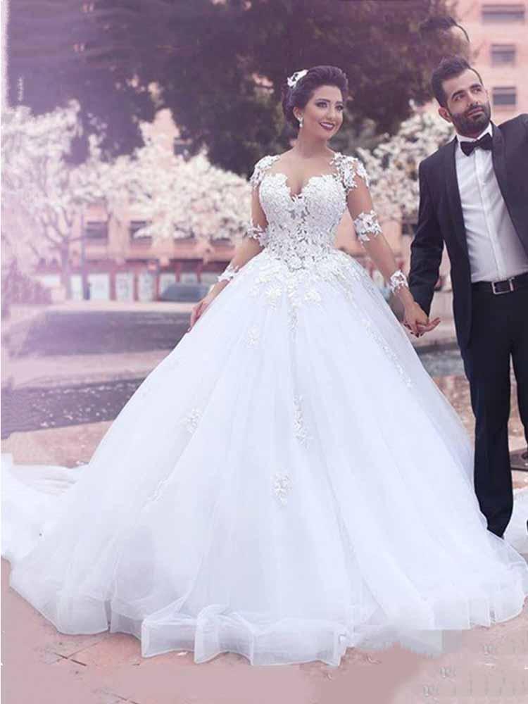 Long Ball Gown Sweetheart Tulle Lace Wedding Dresses with Sleeves-27Dress