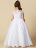 Long Ball Gown Tulle Jewel Neck Wedding First Communion Flower Girl Dresses with Sleeves-27dress