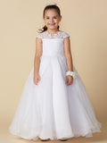 Long Ball Gown Tulle Jewel Neck Wedding First Communion Flower Girl Dresses with Sleeves-27dress