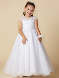 Long Ball Gown Tulle Jewel Neck Wedding First Communion Flower Girl Dresses with Sleeves-27dress