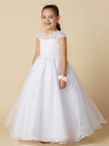 Long Ball Gown Tulle Jewel Neck Wedding First Communion Flower Girl Dresses with Sleeves-27dress