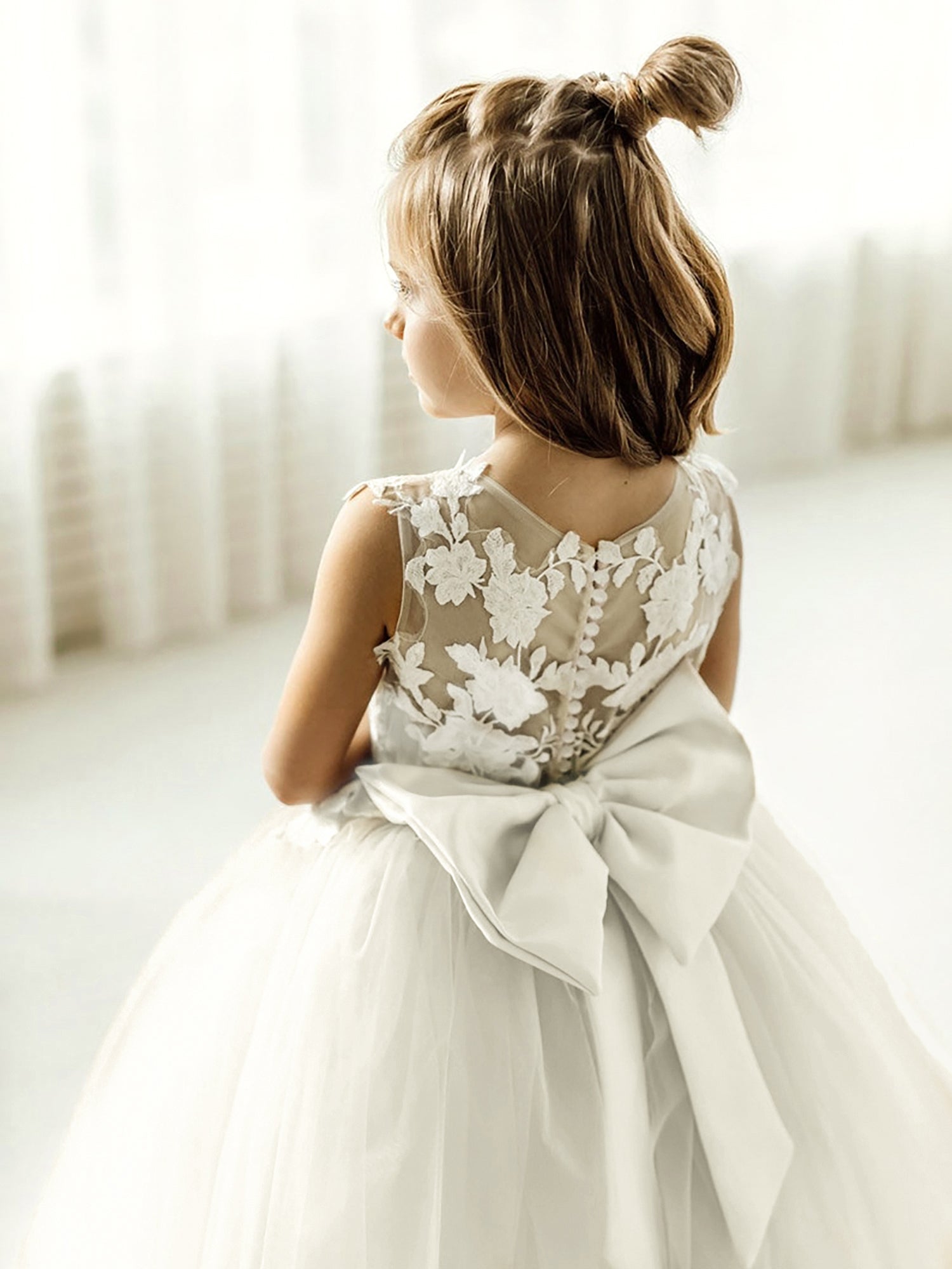 Long Ball Gown Tulle Lace Sleeveless Flower Girl Dress with Bow-27dress