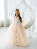 Long Ball Gown Tulle Lace Sleeveless Flower Girl Dress with Bow-27dress