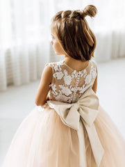 Long Ball Gown Tulle Lace Sleeveless Flower Girl Dress with Bow-27dress