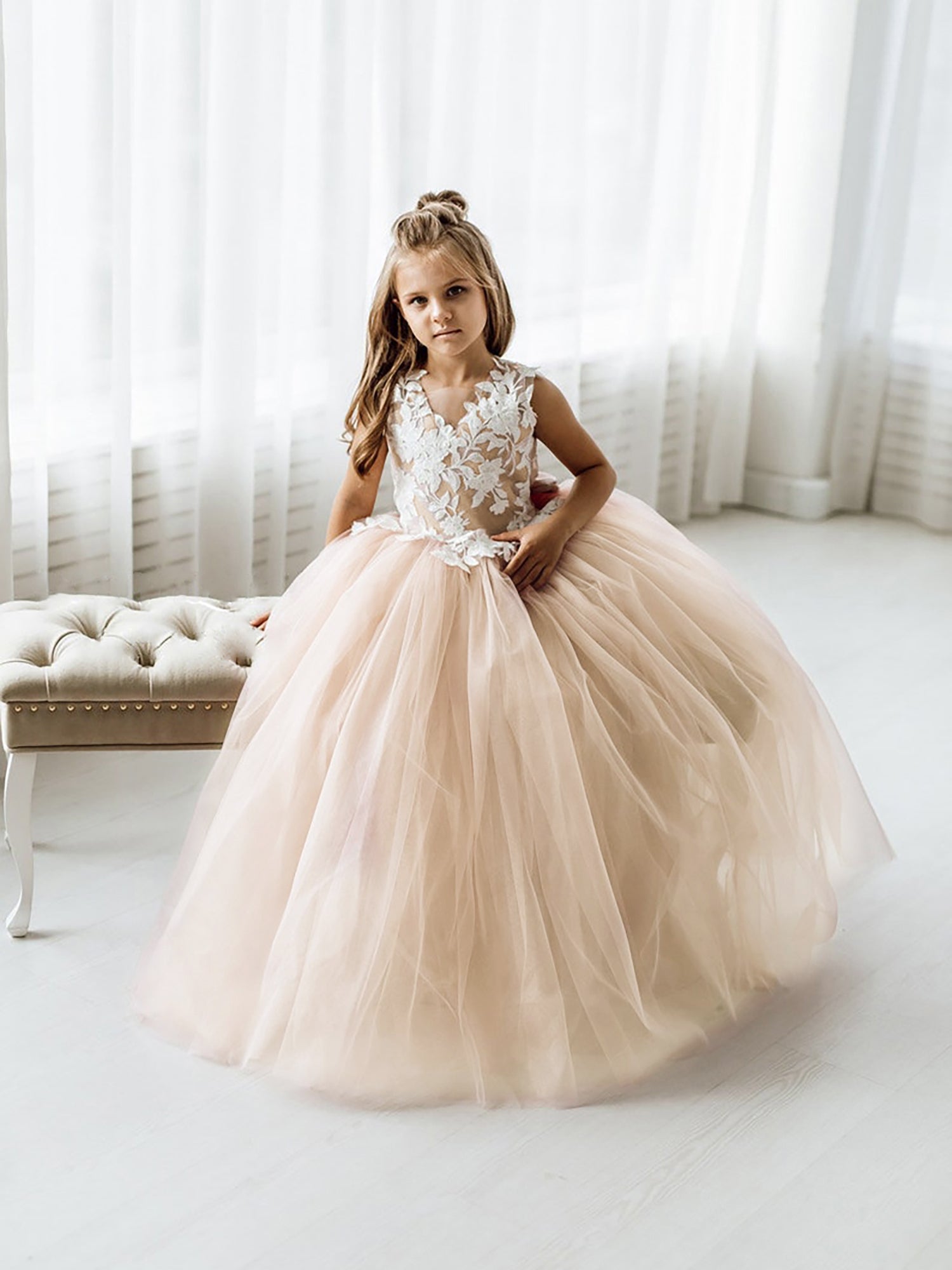 Long Ball Gown Tulle Lace Sleeveless Flower Girl Dress with Bow-27dress