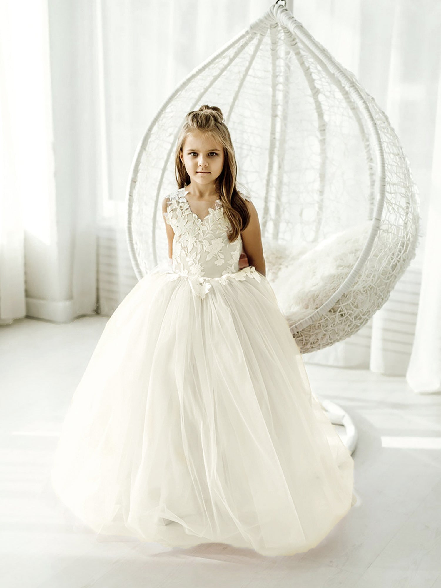 Long Ball Gown Tulle Lace Sleeveless Flower Girl Dress with Bow-27dress