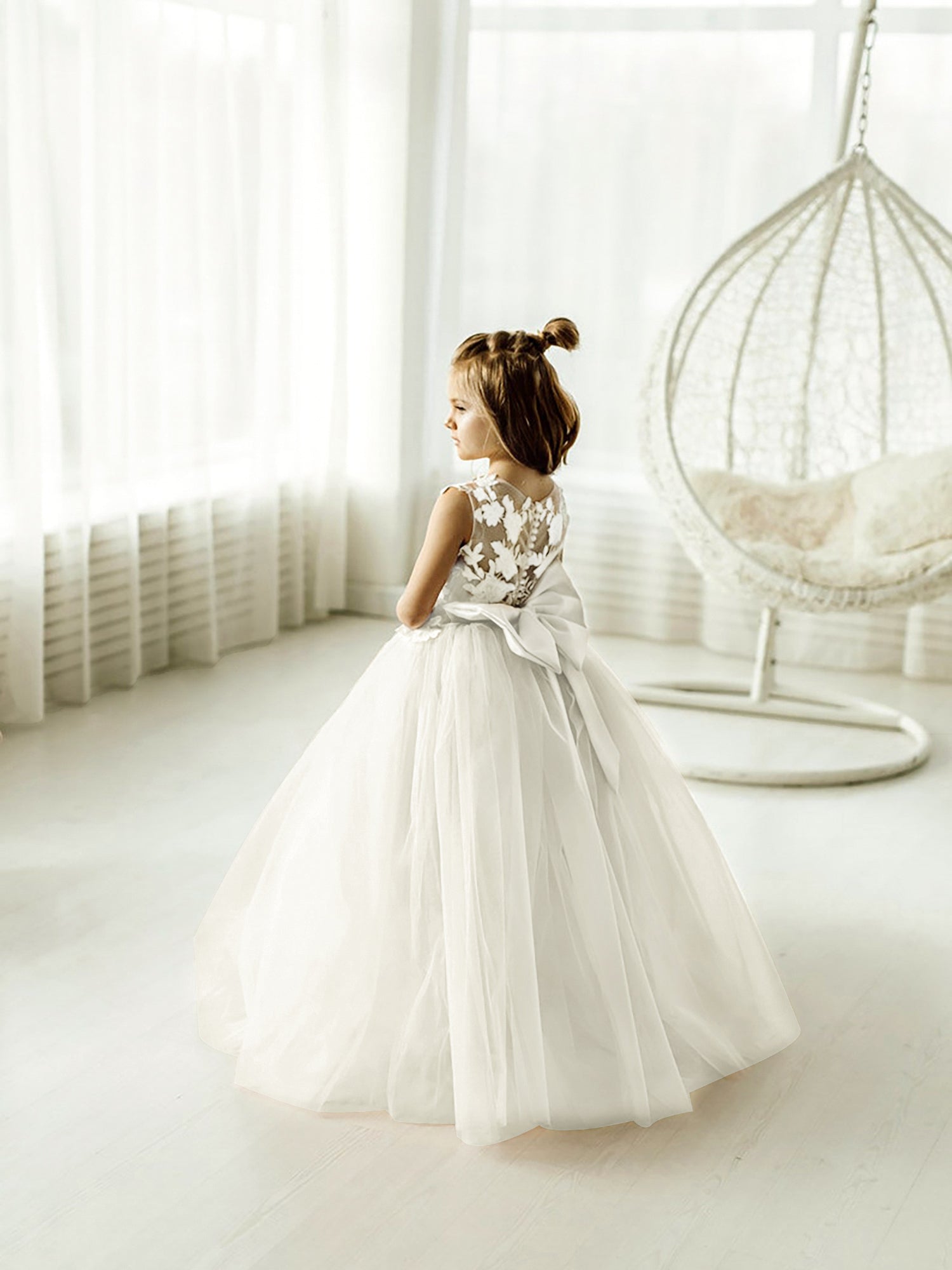 Long Ball Gown Tulle Lace Sleeveless Flower Girl Dress with Bow-27dress