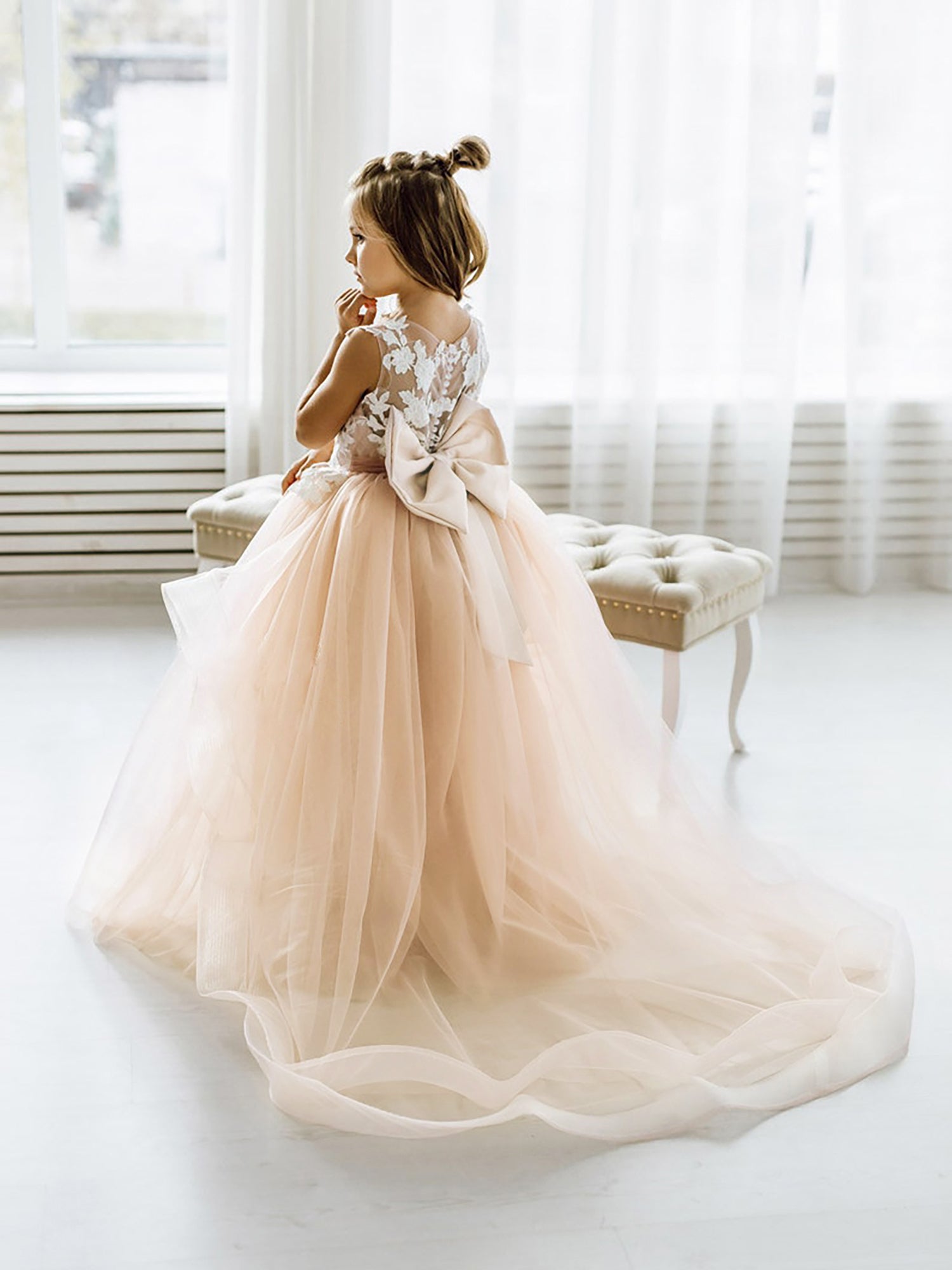 Long Ball Gown Tulle Lace Sleeveless Flower Girl Dress with Bow-27dress